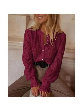 ✨ Prettygarden Women's Dressy Lace Blouse Long Sleeve Button Up Shirt Large NWT